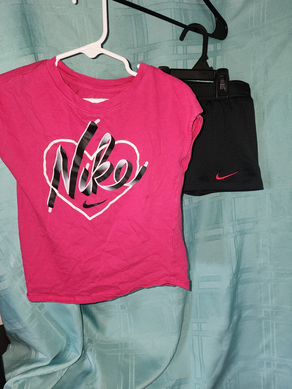 Nike Pink Graphic Heart Tee with Black Logo Shorts Little Girls 5-6